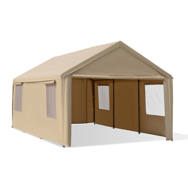 JOYESERY Carport, 12'x20' Extra Large Heavy Duty Carport with Roll-up Ventilated Windows, Beige/Gray
